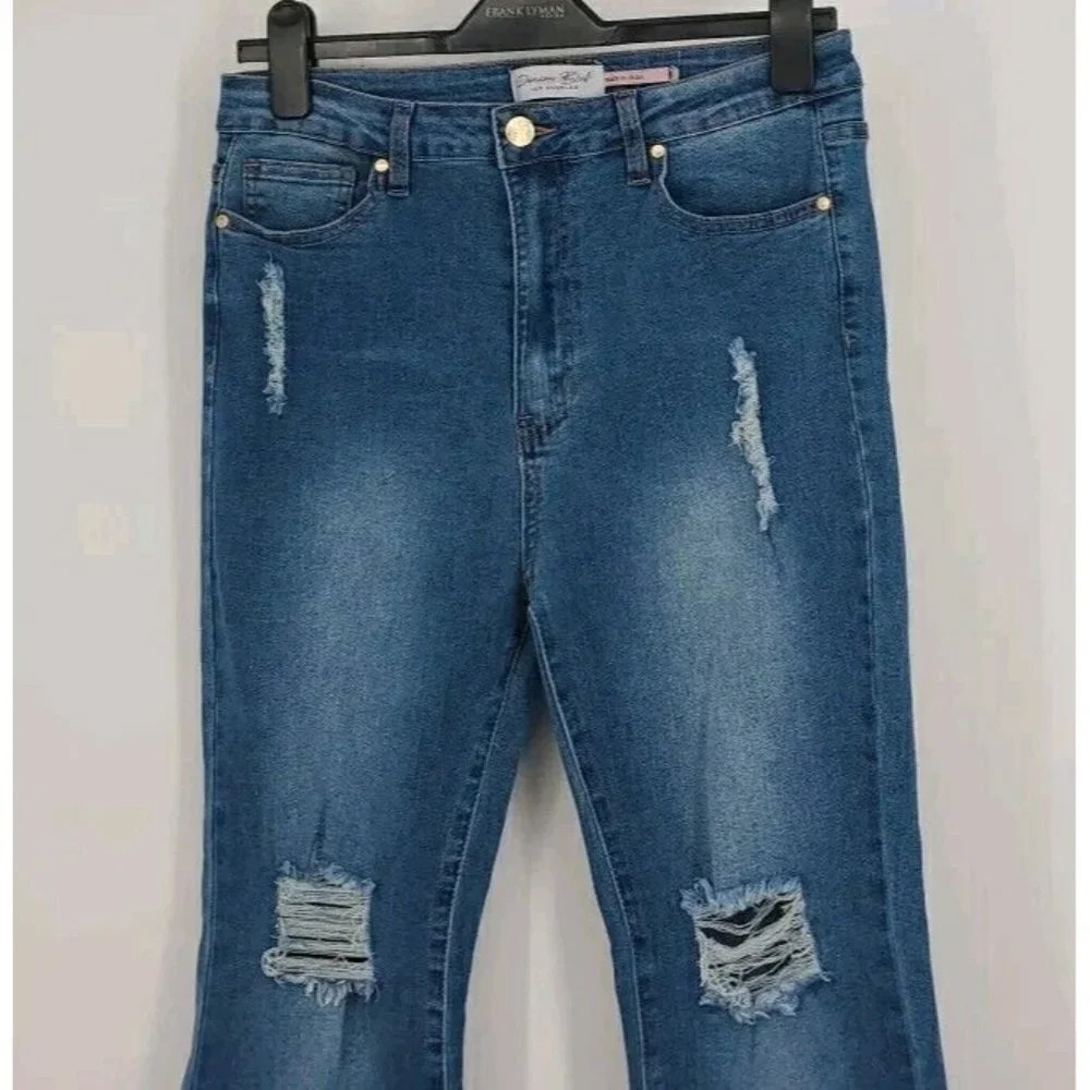 Denim Blvd Los Angeles High Rise Flare Raw Hi Low Hem Jeans Stretch Size Large - Picture 3 of 14